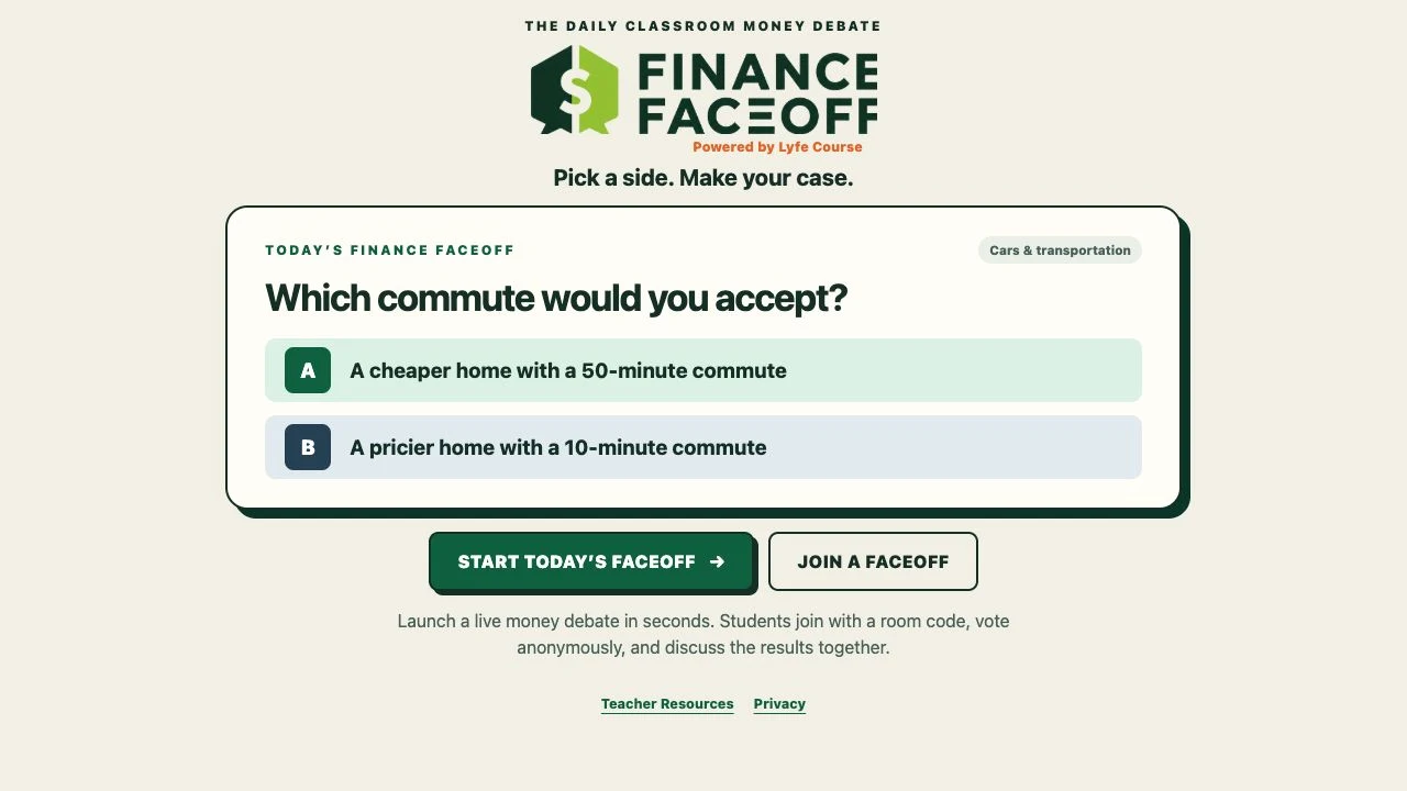 Finance Faceoff classroom money debate comparing two commute choices