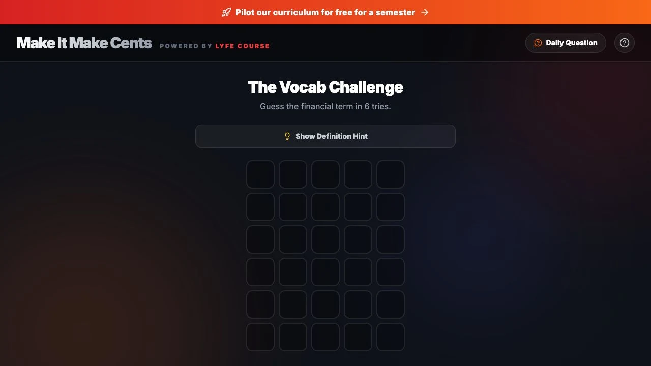 Make It Make Cents vocabulary challenge with a definition hint and letter grid